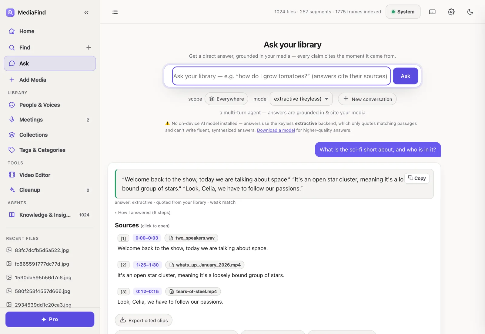 MediaFind Ask workspace with cited answers.
