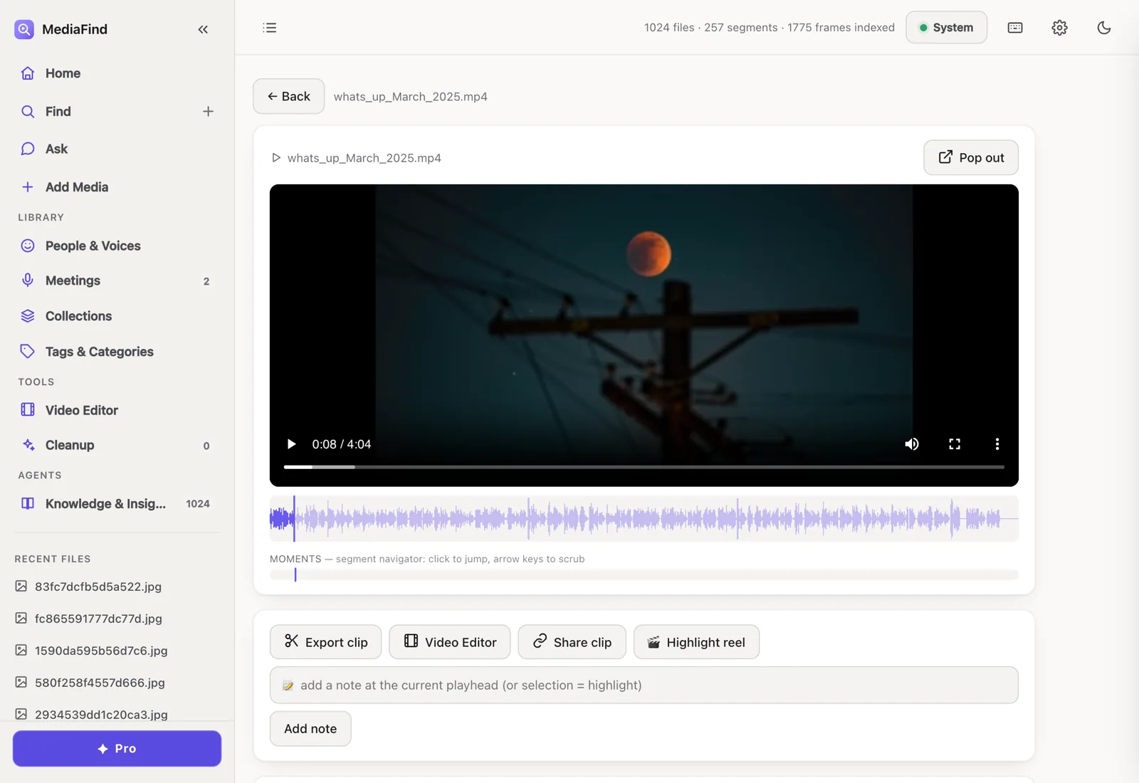 MediaFind player view with moments and export controls.