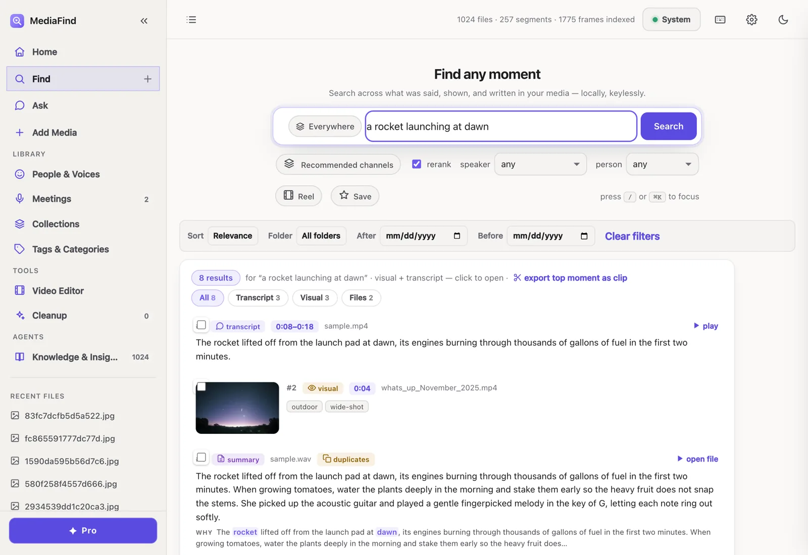 MediaFind search interface showing ranked transcript, visual, and file results.